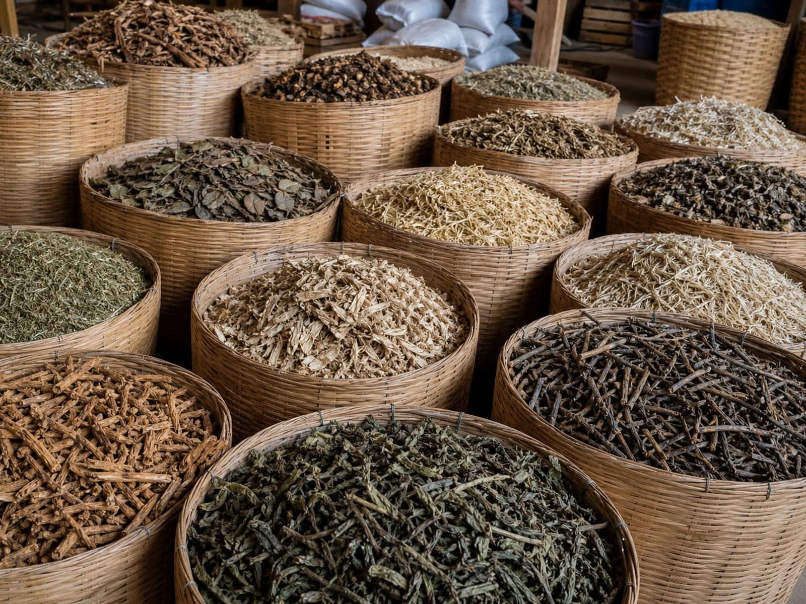 Wholesale baskets of dried herbs and roots in a bulk trading workspace