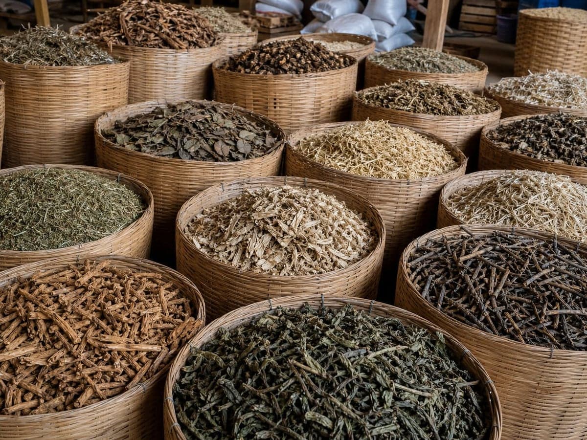 Wholesale baskets of dried herbs and roots ready for bulk trade