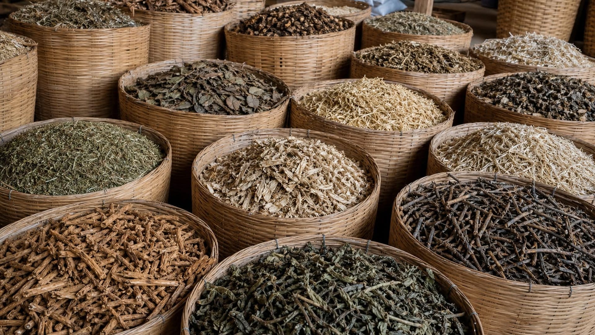 Wholesale dried herbs, spices, and roots arranged for B2B bulk supply
